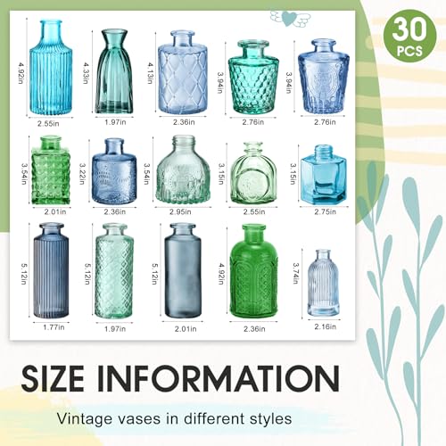 Yaomiao 30 Pcs Vases Bulk Colored Flower Glass Vases Bud Vintage Colored Glass Bottles Colorful Rustic Embossed for Home Wedding Table Decorations Gifts(Blue Green Series) - color: Blue Green Series