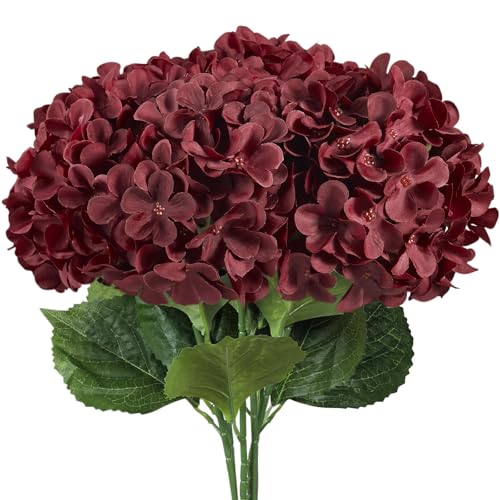 6 PCS Artificial Hydrangea Flowers, Faux Silk Hydrangea with Long Stems, Home Wedding Decor, Table Centerpieces, Party Decorations (Dark Red) - color: Dark Red