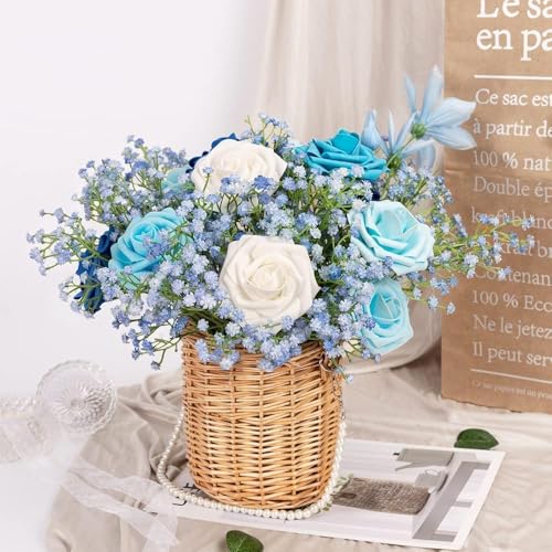 N&T NIETING Babys Breath Artificial Flowers Bulk, 15Pcs Fake Gypsophila Bouquet Flowers Real Touch Faux Babies Breath Arrangement for Wedding Floral Party Home Centerpieces Vase Decoration, Blue - color: Blue, size: 15pcs-Standard