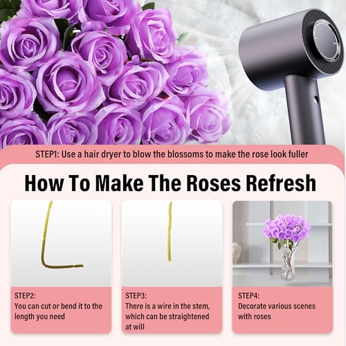 20PCS Artificial Roses with Long Stems - Realistic Silk Flowers, Fake Roses Real Touch Bouquet of Roses for Home Decor, Bridal Wedding Party Table Centerpieces, Bulk Faux Rose Flowers ( Purple ) - color: Purple, size: 20 PCS