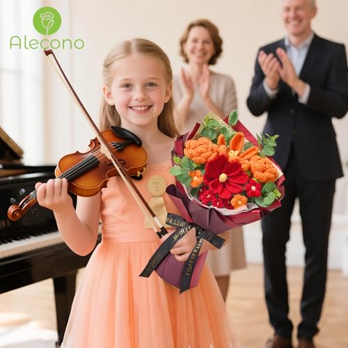 Alecono Crochet Flower Bouquet, Orange and Burgundy Knitted Flowers, Red Crochet Tulip Galsang Flower for Lover Anniversary Birthday Party Mother's Day Graduation Gifts (Include Card) - color: Orange, Burgundy, size: Large