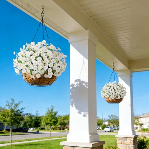 ADXORA 12 Bundles Morning Glory Artificial Flowers for Outdoor Decoration UV Resistant Fake Plastic Plants Artificial Greenery for Indoor Outdoor Garden Patio Window Box Home Decor - color: White