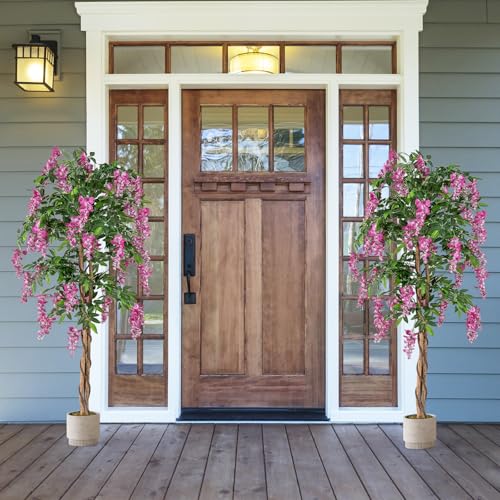 Goplus 5.5FT Ficus Artificial Tree, 2 Pack Faux Wisteria Tree in Nursery Pot with Blooming Flowers, Fake Potted Tree Greenery Floor Plant for Indoor Home Office Porch Living Room Decor - color: Rosy, size: 5.5ft×2