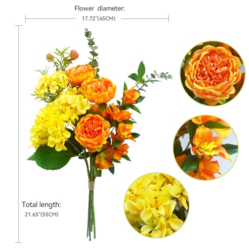 Artificial Flowers Bouquet – Fake Silk Hydrangea Peony and Eucalyptus Mix, Faux Flower Arrangements for Home, Office Decor and Dining Table Centerpieces (Yellow&Orange) - color: Yellow &Orange