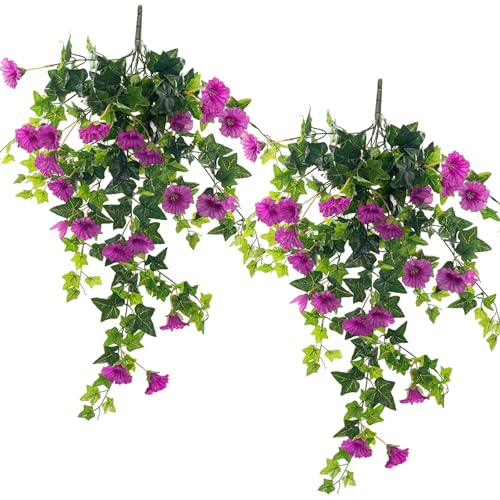 Ttranewsoo Artificial Flowers Faux Outdoor Plants Artificial Petunias for Outdoors Uv Resistant Fake Petunias Plants Hanging Flower Patio Decor Outside Basket Realistic Silk Plant No Pot(Purple 2pcs)