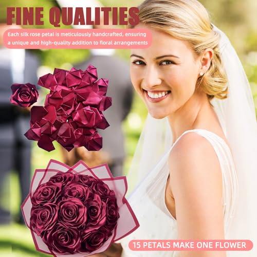 【Economical Bulk Pack 300Pcs Pre-Made Satin Rose Petals, Half-Finished DIY Kit for Eternal Roses - Save Time & Effort on Crafting Forever Flowers for Weddings, Parties（Wine Red - color: 300 Pcs Red Wine