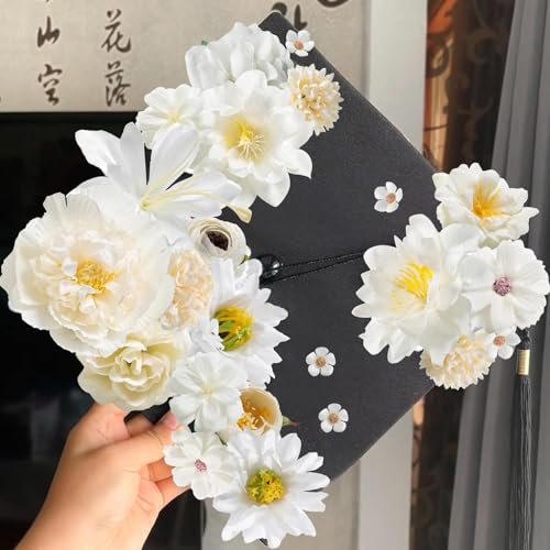 Artificial Flowers Heads Combo White Flowers Mix Silk Flowers Heads Bulk Faux Rose for Craft Garland Graduation Cap Wedding Bridal Baby Shower Home Party Decoration DIY Cake Decor - color: White