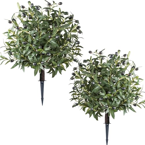 ENVEN Artificial Topiary Ball Trees with Ground Spikes UV Resistant Faux Greenery Shrubs Fake Shrubs for Outdoors, Realistic Faux Plants Bushes for Garden Porch Yard Patio Decor (Green) - color: Green