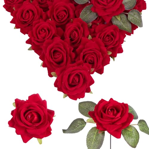Red Artificial Roses 16pcs Velvet Roses Artificial Flowers 3.15" Fake Red Roses for Bridal Bouquet Wedding Flowers for Floral Centerpieces Home Party Decor - color: 3.15" Red