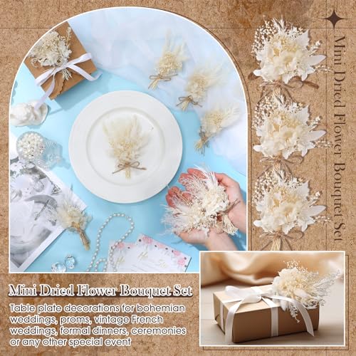 Yinkin 12 Pcs Mini Dried Flower Bouquet for Boho Floral Wedding 6'' Small Dry Pampas Grass Handmade Tiny Dried Flower for Crafts DIY Boutonniere Table Centerpieces Bridesmaid Gift Box(White,Classic) - color: White, style: Classic
