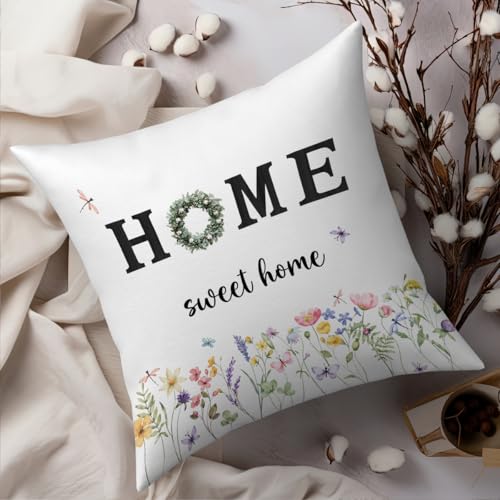 Fokongna Sweet Home Colorful Butterfly Floral Pillowcase 18 x 18 Inches Covers Cottagecore Wildflower Botanical Butterfly Moth Decorative Lumbar Pillow Covers for Home Bedroom Sofa Couch - color: Floral Pillow