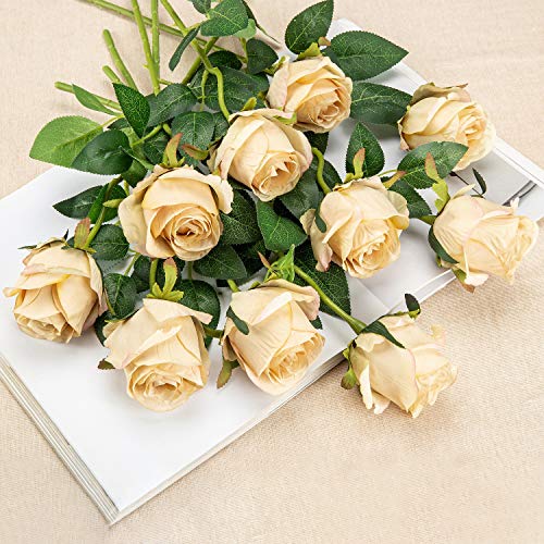 10pcs Artificial Rose Flowers Long Stem Fake Silk Roses for DIY Wedding Bouquet Table Centerpiece Home Decor,Champagne - color: Champagne