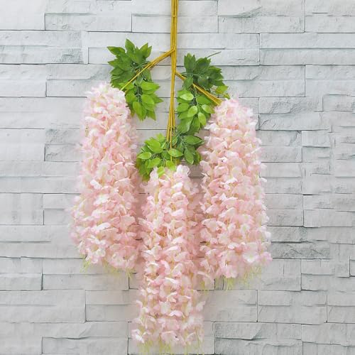 WEISPARK Fake Hanging Flowers - 12 Pieces 3.75 Feet/Piece Artificial Wisteria Vine Ratta Hanging Garland Silk Flowers for Home Party Wedding Decor (Light Pink) - color: Light Pink