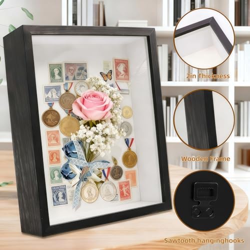 8x8 Shadow Box - 2Pack Black Wooden Deep Picture Frame with Shatter-Resistant Panel for Wall Decor | 3D Display Case for Military Medals, Flowers, Photos and Crafts | Easy to Open & Ready to Hang Gift - color: Black, size: 2Pcs 8X8in