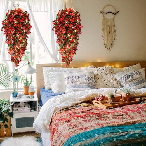RECUTMS 2Pcs Artificial Red Hanging Flowers with Lights for Outdoor Decoration Fake Hanging Plants Vines with 30 LED String Light UV Resistant Greenery for Indoor Home Garden Party Decor (Lights Red) - color: Lights Red-rose