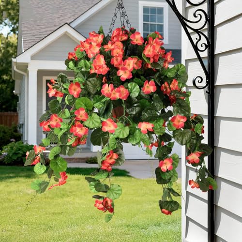 INQCMY Artificial Hanging Flowers Fake Plants for Outdoor Spring Decoration, 2Pcs Realistic Faux Flowers Silk Begonia UV Resistant No Fade for Home Garden Porch Patio Yard Basket(Orange) - color: Orange