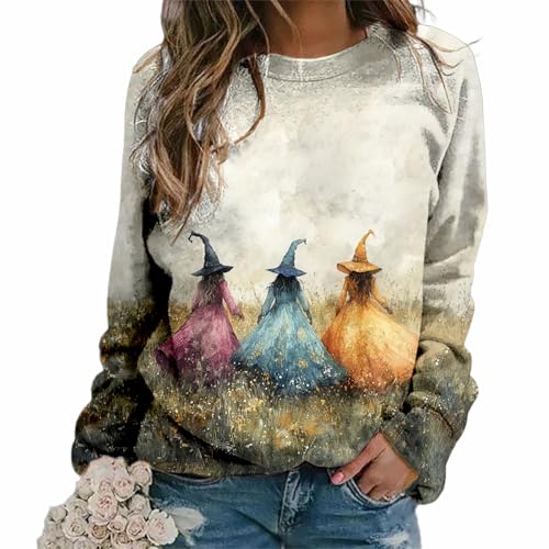 MARSVOVO Witch Sweatshirts For Women Novelty Halloween Witch Print Spooky Season Fashion Party Long Sleeve Fall Tops - color: D Colorful, size: Small