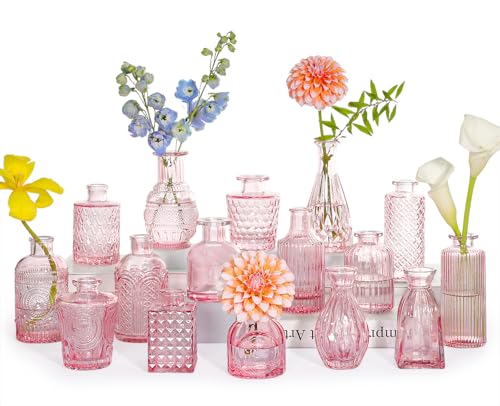 SUPMIND Glass Bud Vase Set of 16, Small Pink Flower Vases for Table Centerpieces in Bulk, Cute Mini Vintage Vase for Wedding, Home Decor, Table Decoration - color: Pink