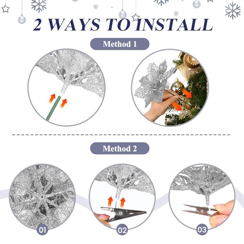 Alupssuc 24 PCS 3 Styles 6'' Poinsettia Christmas Flowers Artificial, Glitter Artificial Flower, Christmas Decorations for Xmas Tree Party Wreath Fireplace, New Year Ornaments, White - color: White