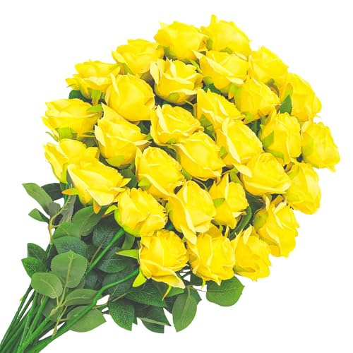 32 Pcs Yellow Artificial Flowers Roses Fake, Silk Flowers with Stems for DIY Wedding Gothic Bridal Shower Centerpieces Arrangements Tables Decorations - color: Yellow