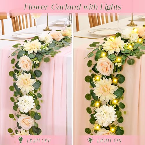 Yastouay 2 Pcs Flower Garland with Lights, 12 Ft Champagne Rose Floral Garland Fake Flowers for Wedding Arch Party Tables Backdrop Decor - color: Champagne With Lights, size: 2 Pack