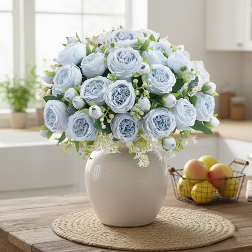 Peonies Artificial Flowers 12 Bundles Pink Flowers Bouquet, Lifelike Silk Fake Peonies with Stems for Home Table Centerpieces, Wedding, Party & DIY Bridal Floral Arrangements (Blue) - color: Blue
