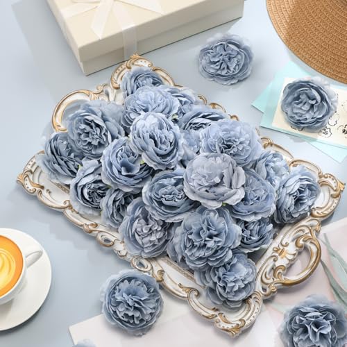 Thiccywoov 200 Pcs Flowers Long Stem Artificial Rose Bulk, 3.2 Inches Silk Rose Head Flowers Faux for Wedding Bridal Bouquet Independence Day Home Floral DIY Centerpieces Party Decoration(Dusty Blue) - color: Dusty Blue