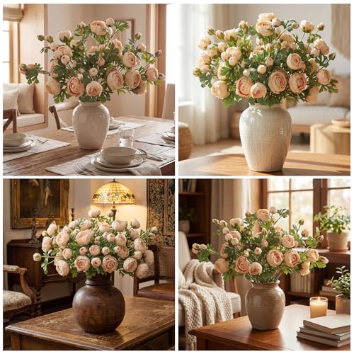 Giegxin 3 Stems Peonies Artificial Flowers Faux Silk Peony Flowers Bouquet 24.5'' Tall Champagne Peonies - Fake Ranunculus Flower for Vases DIY Centerpieces Bridal Shower Wedding Home Decoration