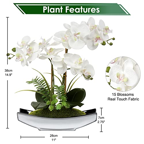 Briful Orchids Artificial Flowers 15" White Phalaenopsis Orchid with Silver Pots Real Touch Faux Orchid Plant for Home Office Living Room Table Decoration - color: White#2