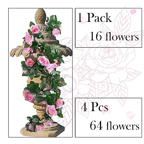4 Pack Artificial Rose Vine Garland Fake Roses Flowers Plants Vines Hanging Floral Leaves Decoration for Wedding Party Table Garden Arch Wall Home Room Decor(Pink) - color: Pink, size: 【4 Pcs】
