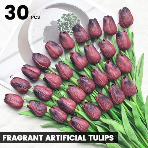 30 PCS Artificial Tulips Real Touch Tulips 13.5inch Long Stem Fake Flowers Silk Flowers for Spring Easter Mother's Day Decorations（Chocolate） - color: Chocolate