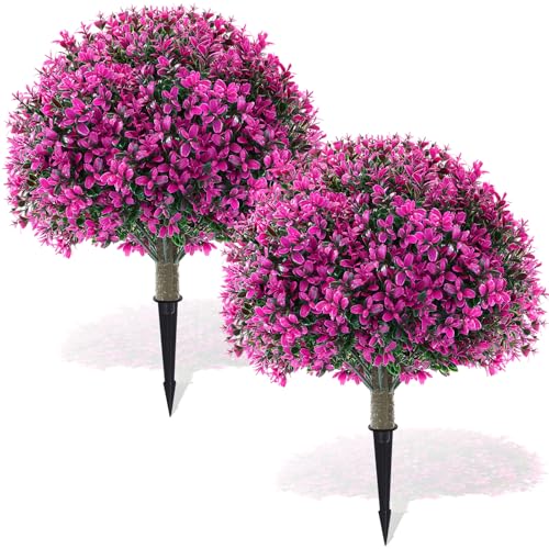 Yunlly 2 Pack 18" Artificial Boxwood Ball Bush Topiary Trees Fake Outdoor Plants, Realistic UV Resistance Faux Shrubs with Spike Greenery Topiary for Front Porch Garden Yard Patio Indoor (Fuchsia) - color: Fuchsia