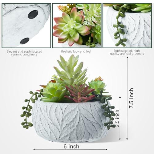 6 Inch Artificial Succulent Plant in White Ceramic Pot - Realistic Fake Succulent for Home Office Desk Bathroom Decor Coffee Table Decor - color: White, size: 6inch
