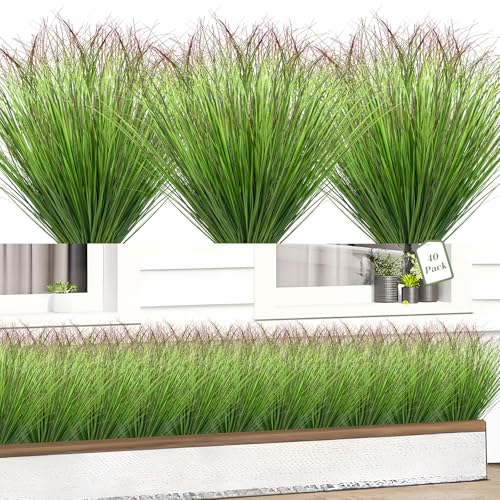 40 Bundles Fake Grass Plants Artificial Plants Outdoor Faux Plants Tall Shrubs Wheat Grass Greenery Stems UV Resistant Onion Grss For Outside Planters Indoor Room Vase Home Decor（Green Red Tail） - color: Green Red Tail, size: 40-Pack