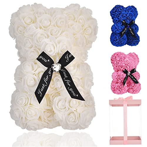 Lgv Flower Rose Bear,Romantic Gift for Valentine's Mother's Day, Christmas, Birthday,Girl Friend Her Mom Female Wife with Artificial Heart-Shaped Diamonds White - color: White