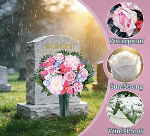 Cemetery Flowers with Vases for Grave Decor, Silk Lily Rose Cymbidium Hibiscus Daisy-Headstone Flower,Tombstone Flower - Bright and Colorfast,Pink/Blue,2 Lovely Butterflies Included