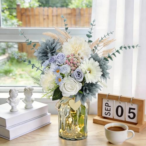 Fake Flowers in Vase, Dusty Blue Artificial Flowers Arrangement in Vase, Fake Floral Table Centerpieces for Kitchen Farmhouse Coffee Table Living Room Cemetery Gravesites Decor - color: Dark Blu Wht