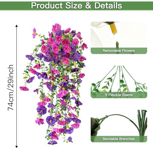 Artificial Flowers for Outdoors Fake Morning Glory Hanging Flower Decoration, 2 Pcs Realistic Faux Plants Petunias Trailing Vines, Spring Decor for Porch Patio Balcony Planter Yard(Purple+Fuchsia) - color: Purple+fuchsia, size: 2 Pcs