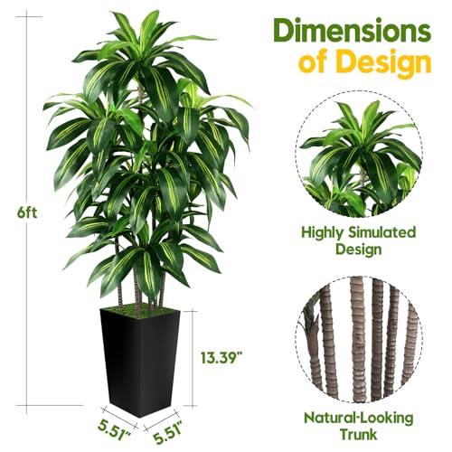 Artificial Dracaena Tree Indoor, 6FT Tall Fake Tree with Black Tall Planter, Artificial Trees Fake Yucca Potted Tree for Home Office Living Room Decor, Tall Artificial Plant for Housewarming - color: Black, size: 6ft