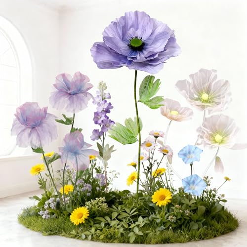 Standing Corn Poppy, Giant 5.58ft Life-Size Faux Blooms with Flexible Stem Metal Base Oversized Wedding Arch Decor,Garden Window Display(Purple,1) - color: Purple