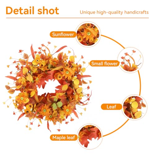20" Fall Wreath Front Door Artificial Daisy Wall Decor Farmhouse Autumn Wreath Thanksgiving Home Porch Outdoor Indoor Holiday Harvest Decor - color: Gold, size: 20''