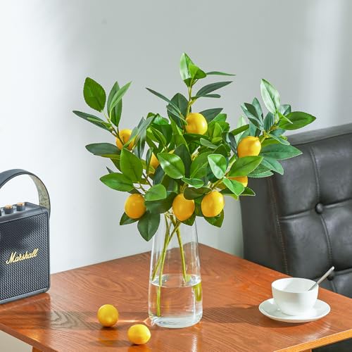 3 PCS Artificial Lemon Branches for Vase 18 Inch Fake Lemons Picks | Greenery Stems, Fake Fruits, Lemon Branches Realistic, Faux Lemons Tree Decor - color: Yellow