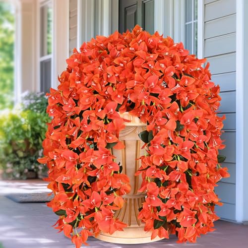 2Pcs Bougainvillea Artificial Hanging Flowers for Outdoors Decor | Orange Flowers Realistic Full Vibrant UV Resistant & Weather Resistant Outdoors Indoor Decoration - color: Orange, size: 2 Pcs