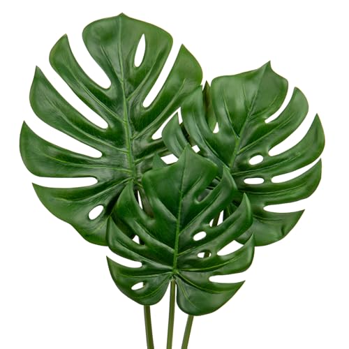 DILATATA 3 Pack Artificial Monstera Leaves with Long Stem for Vase - Fake Tropical Plants Palm Leaves Realistic Philo Turtle Leaves for Home Wedding Party Decor - color: Monstera#pe 3pcs