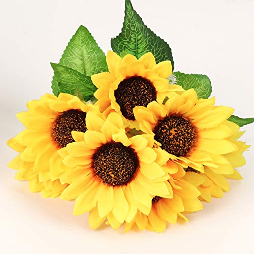 Mocoosy 4 Bunches Artificial Sunflower Bouquets, Fake Sunflowers with Stems, Silk Wildflowers Realistic Yellow Faux Sun Flowers for Wedding Decorations Fall Floral Arrangements Home Garden Table Decor