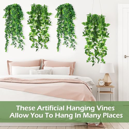 Hoteam 12 Pcs Artificial Hanging Plants 32 Inch Fake Ivy Vines with Fake Leaves Patio Artificial Plants Greenery for Living Room Indoor Outdoor Wall, No Basket (Pothos,Eucalyptus) - color: Pothos, Eucalyptus