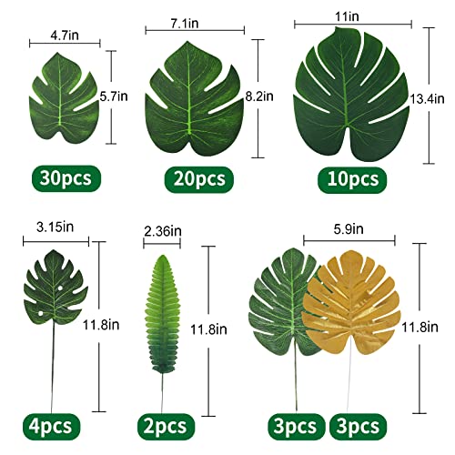 RECUTMS Artificial Tropical Palm Leaves 72Pcs 7 Kinds Green Gold Fake Monstera Leaf with Stem for Safari Jungle Hawaiian Luau Beach Baby Shower Wedding Birthday Party Table Summer Spring Decoration - color: Green & Gold
