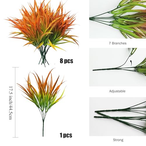 Outdoor Artificial Plants 8 Bundles Fake Plants Grass UV Resistant Fake Flowers Bush Greenery,17Inch Tall Faux Grass Shrubs for Home Porch Pathway Garden Décor Outside Indoor (Orange) - color: Orange
