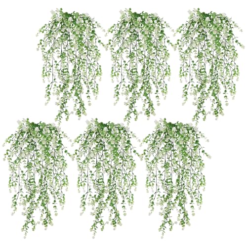 Artificial Hanging Eucalyptus Flowers for Outdoors 6PCs White Faux Hanging Vines Plants UV Resistant Fake Ferns Plants for Outdoors Home Porch Patio Garden Front Porch Summer Decor(White) - color: White