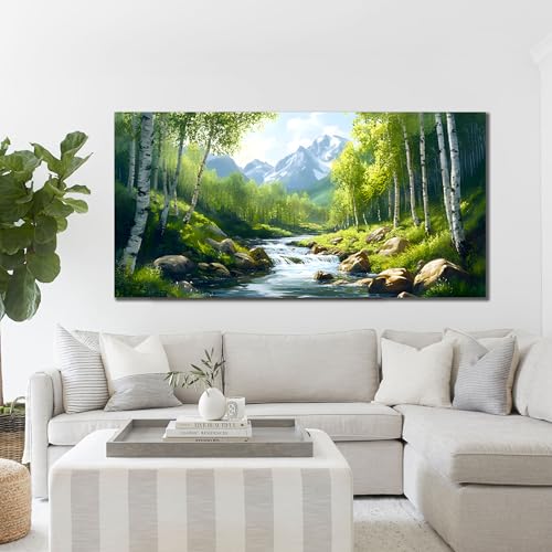 SSNEEKNDG Green Forest Large Wall Art for Living Room Tree Pictures Landscape Mountain Artwork for Bedroom Office Kitchen Canvas Prints 24"x48" - size: 24"L x 48"W